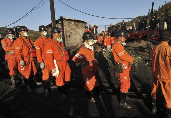 Rescuers at a coal mine after a gas leakage accident, Yunnan province