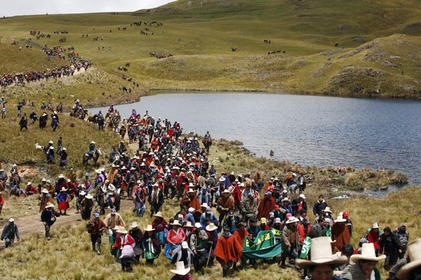 Protest against Newmont's proposed Conga gold mine, near the Cortada lagoon