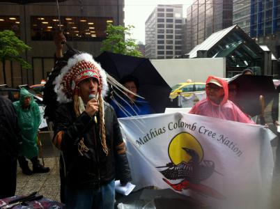Chief Arlen Dumas of the Mathias Colomb Cree Nation confronts Hudbay