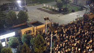 Riot police were brought in to remove protesters from outside the solar panel factory in Haining City