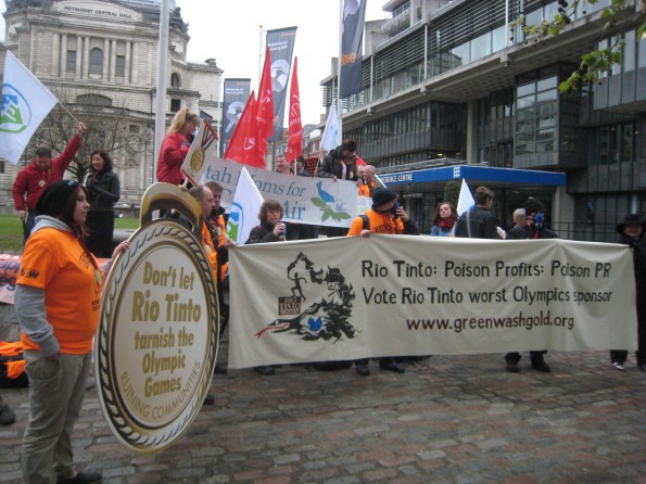Protesters outside the 2012 Rio Tinto AGM in London. 